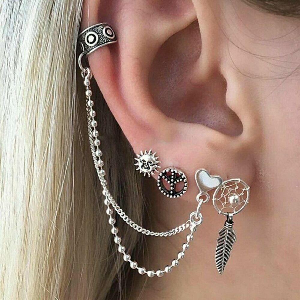 Silver Earring SET of 4 NEW Dream Catcher Peace Sign Cuff Hippie Gypsy Boho Punk